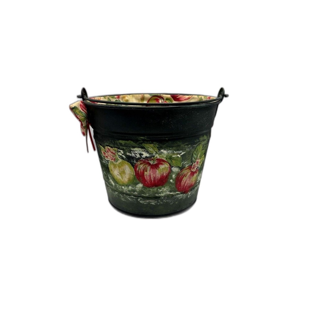 Vintage Decoupage #6 Metal Bucket Handcrafted Apple Design With Fabric Lining